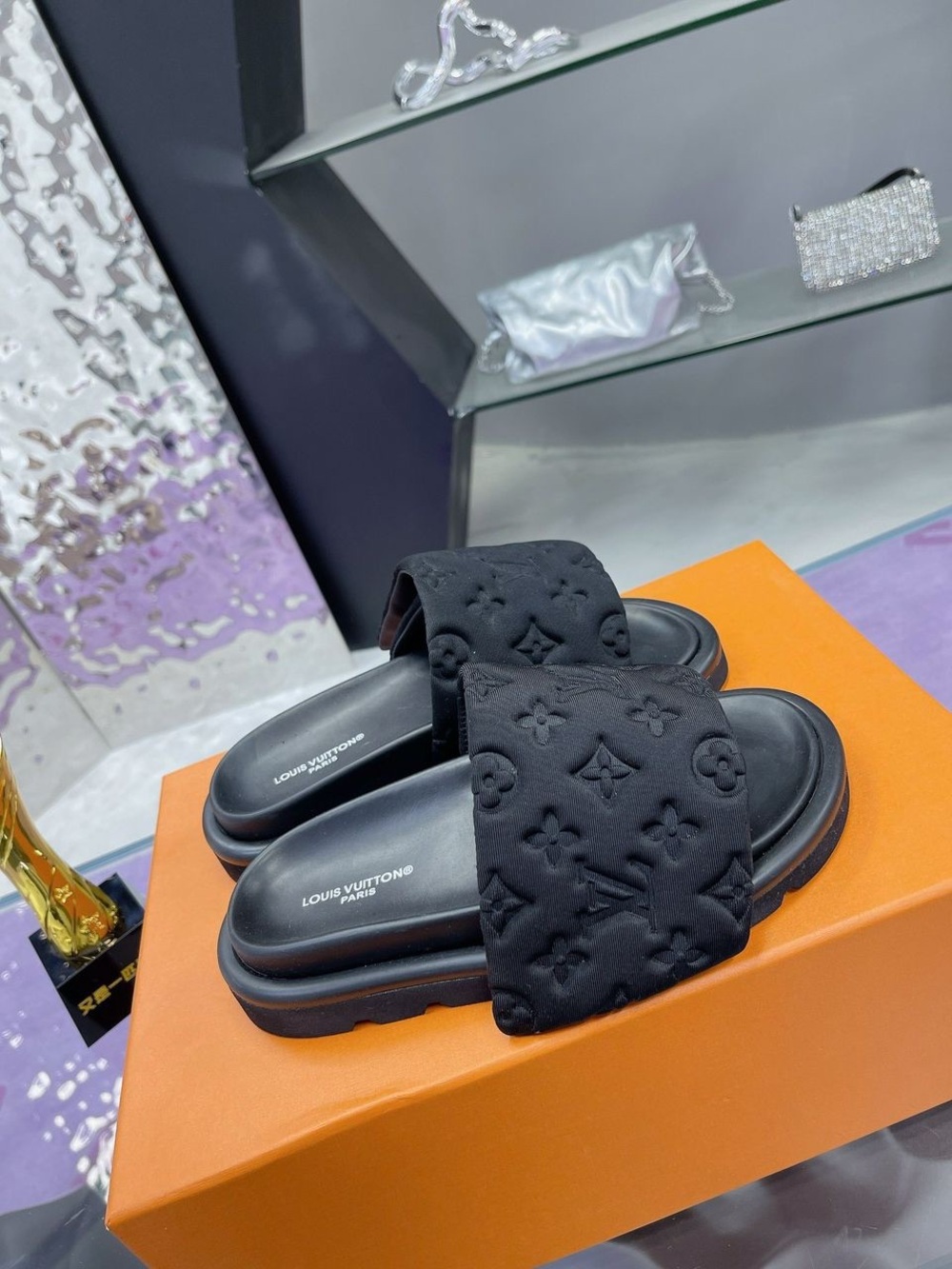 Louis Vuitton Black Monogram Padded Slide Sandals - Picture 2 of 8